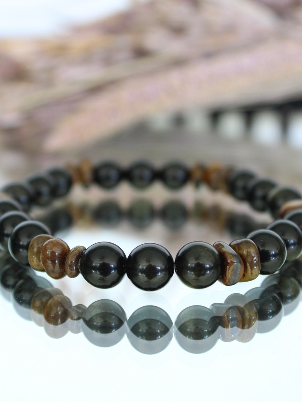 Beaded Stretch Bracelet | Obsidian + Tiger's Eye | 8mm Natural Gemstones (7 in)